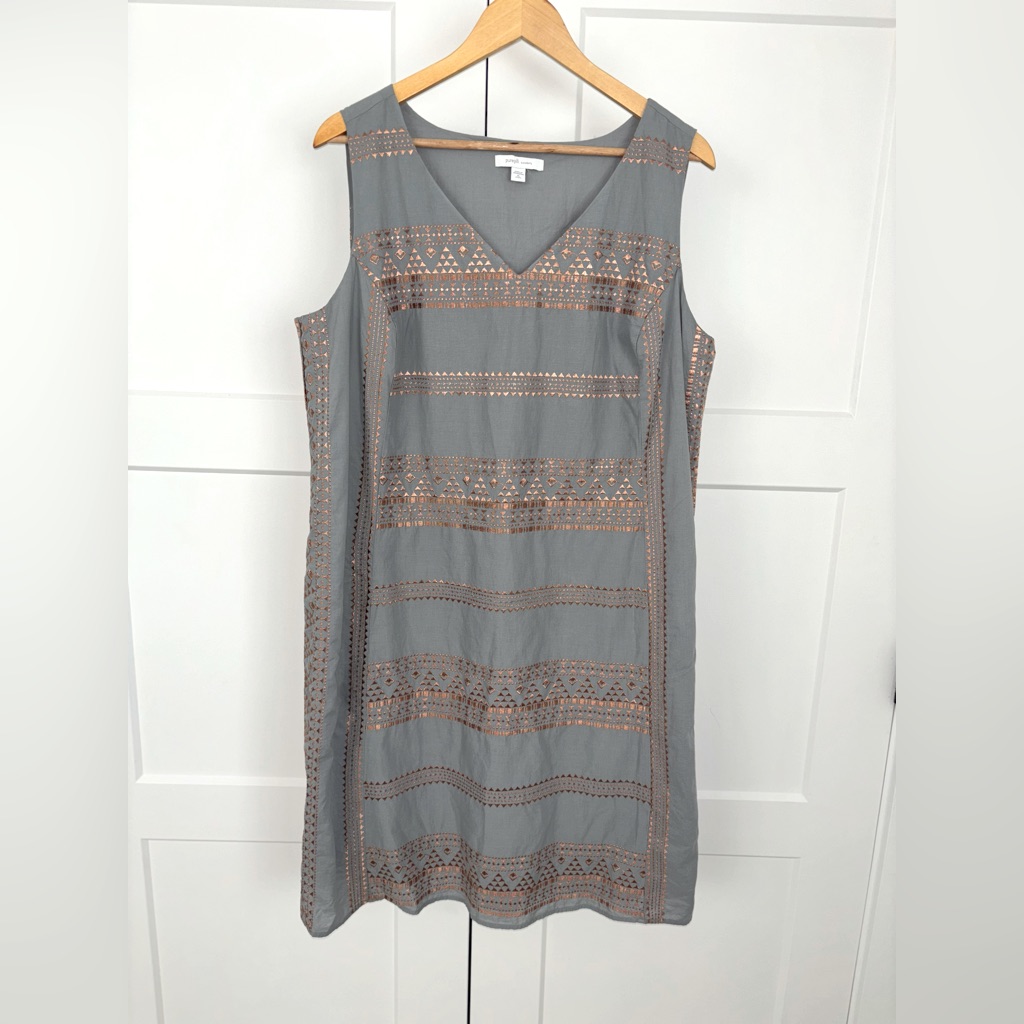 Pure Jill Elements Aztec Embroidered Knee Length Dress Euc Size Xlp Grey/Copper